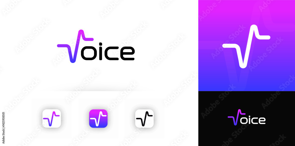 Poster Voice Logo Design With Gradient Sound Wave Shape And Modern Typography, Ideal For App Icons And Media Branding. Vector logotype