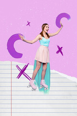 Poster image trend collage of person on pink color background with notebook page cross signs