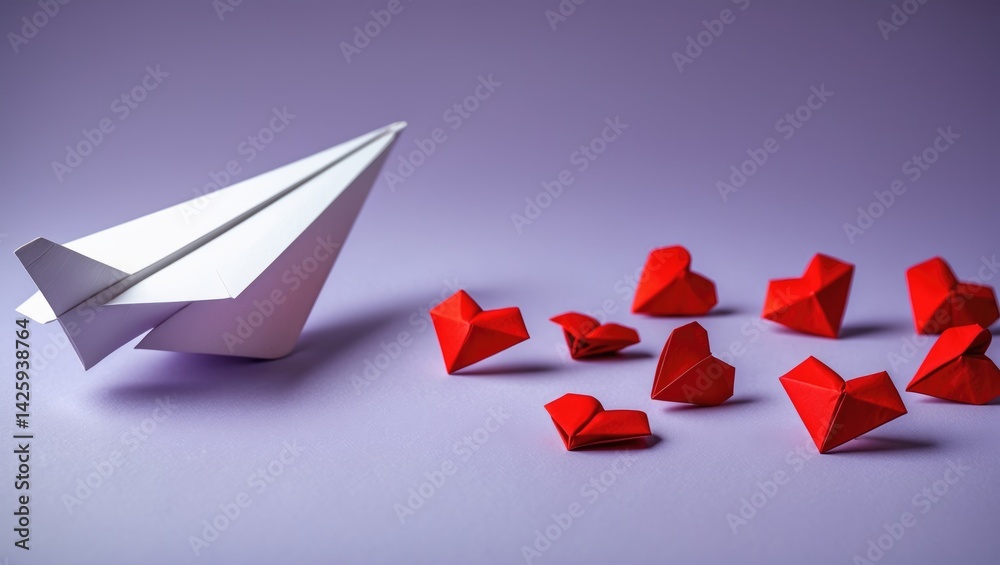 Poster design featuring paper plane and red hearts on a background
