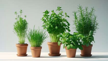 Herb collection of coriander, mint, rocket, chives, and marjoram growing in pots against a white background