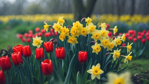 Spring background with red tulips and daffodils in a field