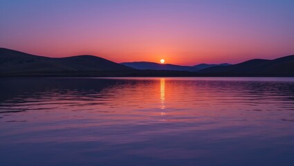 Beach Scene Featuring Sea, Sunset, Streetlamp, Moon, and Bonfire