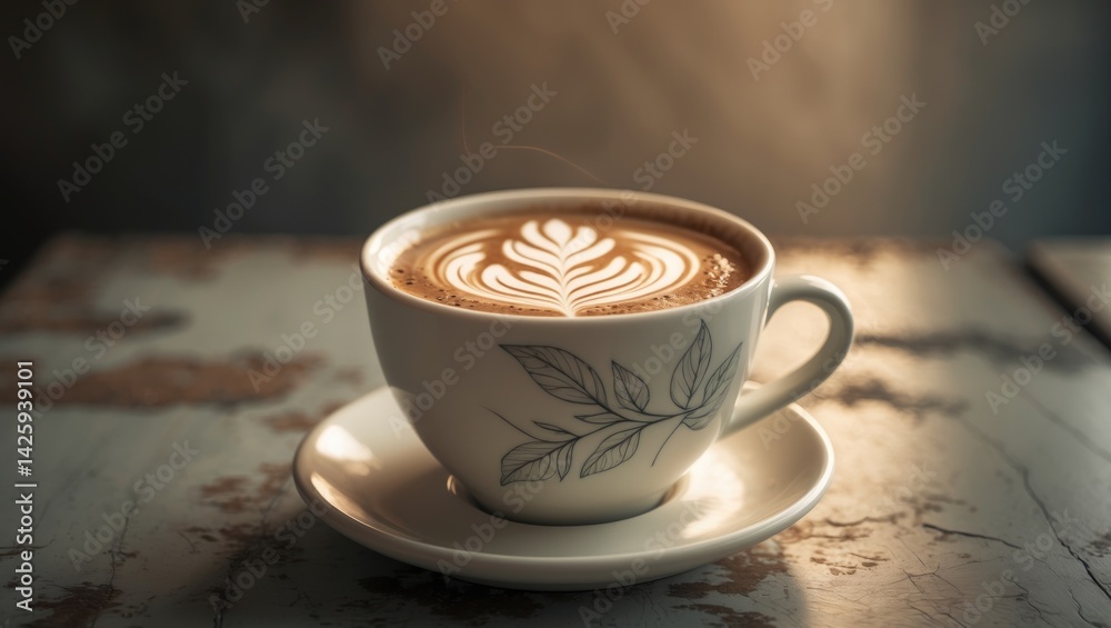 Aufkleber coffee cup on table with latte art and foam design
