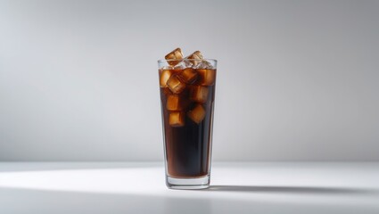 Iced Cold Brew Coffee Served in a Transparent Cup on White Background, Refreshing Summer Beverage