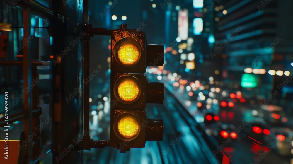 Poster a wide shot of a traffic light turning green, positioned at an empty intersection with a blurred bac