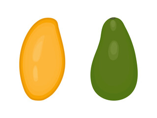 Set of yellow mango and green avocado isolated on white and transparent background. Vector illustration. Tropical fruits. Close-up element for food design decoration.