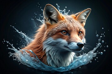 Fototapeta premium Fox immersed in water: A captivating moment, a fox gracefully emerges from water, its orange fur gleaming against a dark, abstract backdrop, showcasing its wild elegance in this stunning illustration.