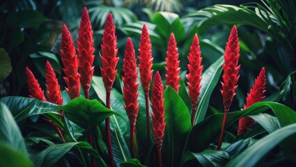 Red ginger petals resting on lush green leaves in a vibrant tropical garden