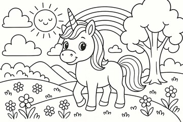 Smiling Unicorn in Flowery Meadow with Rainbow and Sun