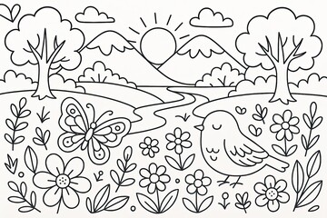 Whimsical Black And White Nature Illustration Featuring A Bird And Butterfly
