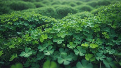 Meadow with growing clover and lush greenery