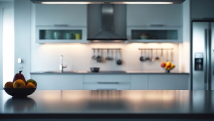 Modern kitchen scene featuring a blurred view of the countertop and interior elements