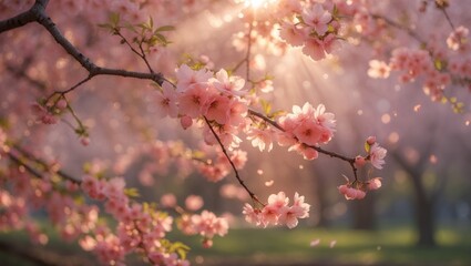 Obraz premium Delicate pink cherry blossom branches basking in sunlight against a natural floral background