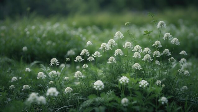 Conium maculatum: A Toxic Biennial Herb in the Carrot Family with Floral and Green Backgrounds