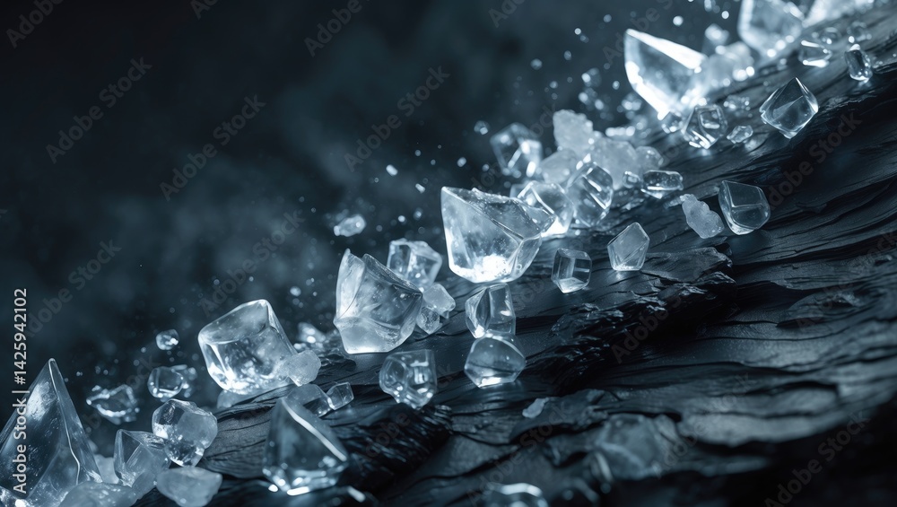Poster Crushed ice cubes as background with pieces on surface, top view with copy space