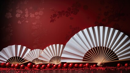 Chinese holiday greeting card with cherry blossom motifs, traditional fan, and festive textures on red backdrop