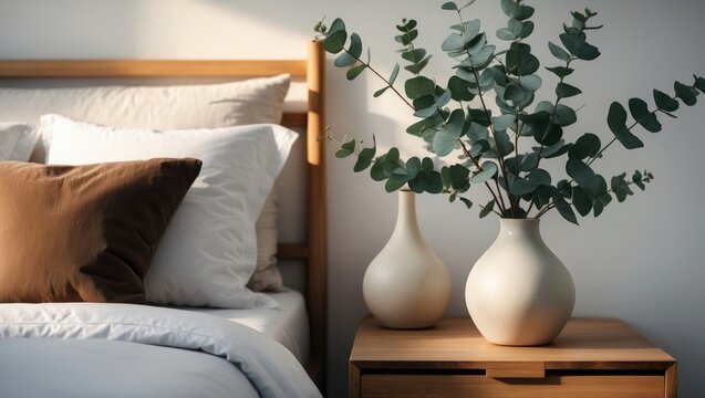 Closeup of eucalyptus branch in ceramic vase on wooden bedside table beside cozy bed with pillows and bedding
