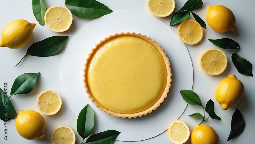 Poster creative layout featuring lemon tart and fresh lemons on a white background with a flat lay food con