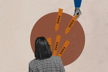Pop collage of person stand under fying arrows with fake lie on pastel background
