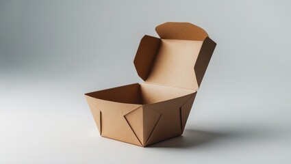 Full-depth shot of an opened brown burger box, isolated on white background with detailed food packaging
