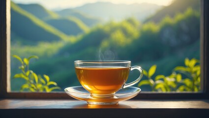 A cup of tea resting on the windowsill