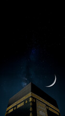 Kaaba, Ramadan crescent is rising and the starry sky	