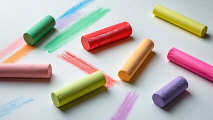 Vivid pastel crayons and sketches on a white paper background