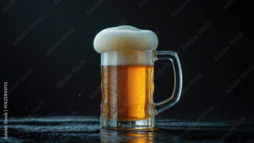 Poster mug of cold beer with foam on a black background and space for logo or text