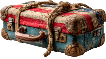 USA flag wrapped around a vintage suitcase, isolated on white background with subtle travel theme