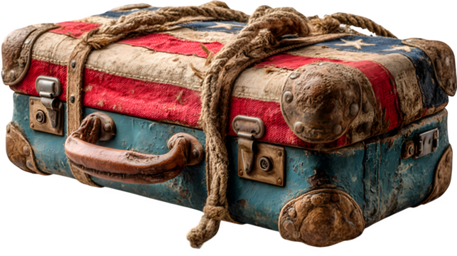 USA flag wrapped around a vintage suitcase, isolated on white background with subtle travel theme - Powered by Adobe
