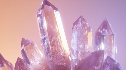 Fototapeta premium Close-up of a shimmering quartz crystal cluster with intricate details, placed against a soft gradient background for a calming effect