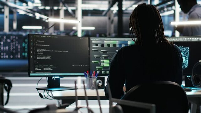 Stressed server hub admin worried by malfunctioning data analytics AI generator. Anxious data center worker concerned by critical error in artificial intelligence tool showing system metrics, camera B