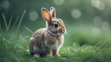 Fototapeta premium Adorable baby bunny sitting on lush green grass with a bokeh background in a natural outdoor setting.