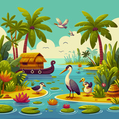 A tropical scene with ducks and herons near a colorful houseboat in the backwaters of Kerala, surrounded by palm trees and water lilies.
