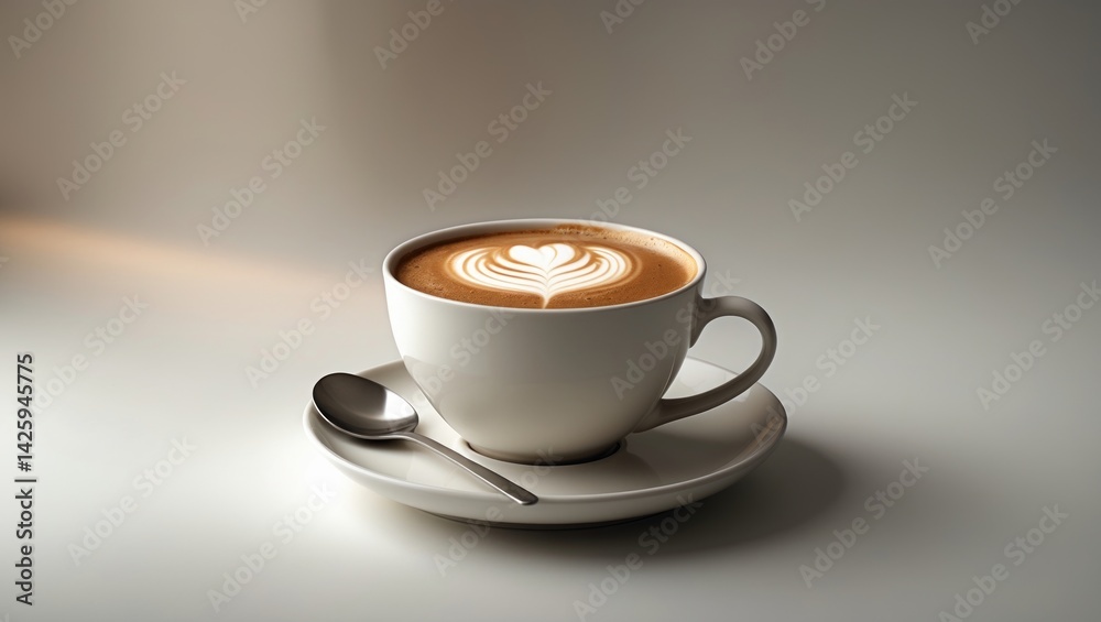 Poster coffee presented on a clean white background with latte art in a white cup - flat lay