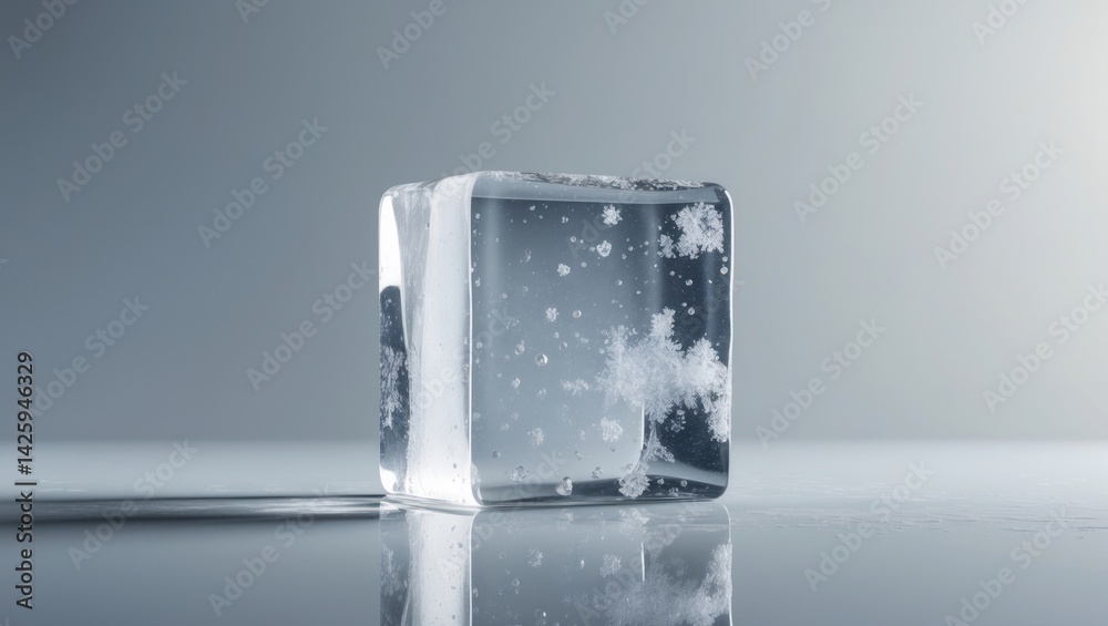 Aufkleber Frosted ice cube with textured surface on plain background and reflective mirror surface