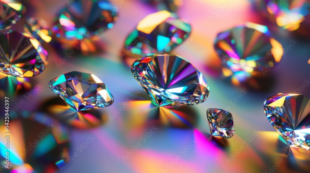 Poster diamonds scattered on a metallic background, their facets reflecting light in a dazzling array of ra