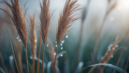 Morning dew droplets sparkle on grass, offering a crisp and refreshing view.