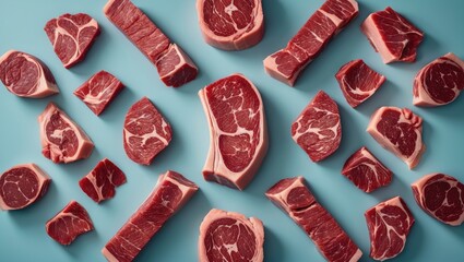 Fototapeta premium Creative flat lay featuring a ribeye steak isolated on a background with meat chop patterns