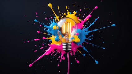 Vibrant paint-splashed light bulb explosion symbolizing creative brainstorm on black background