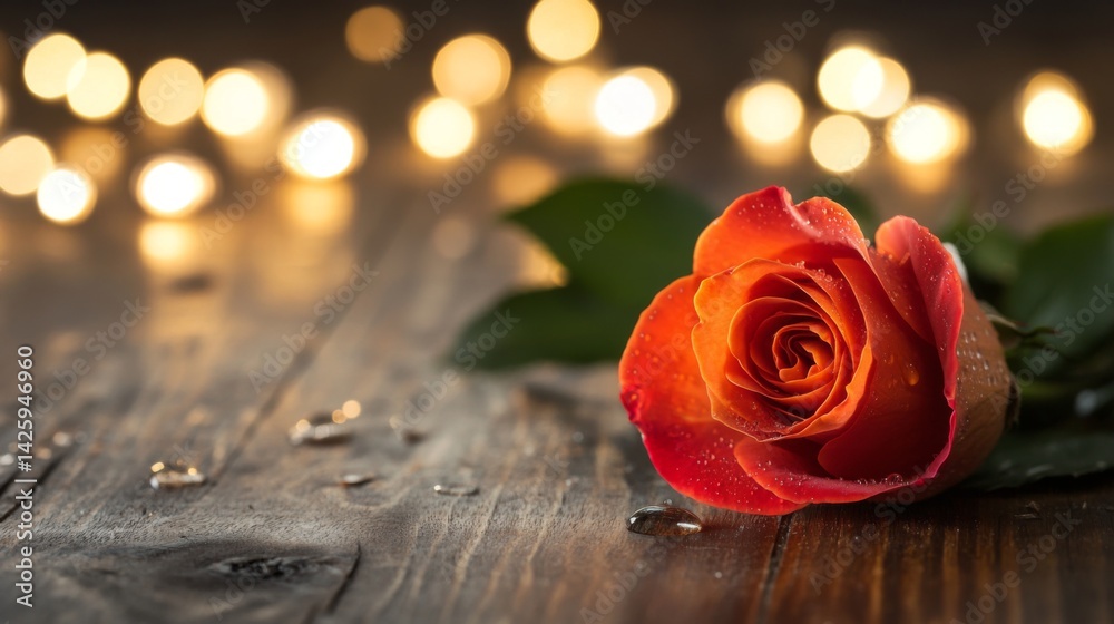 Poster macro shot of a vibrant orange rose with water droplets, with soft bokeh lights in the background ad