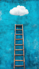 Wooden ladder reaching fluffy white cloud, blue background. Concept of dreams, goals, success, ambition. Generative AI