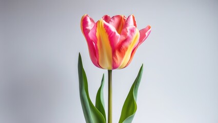 Vivid pink salmon parrot tulips against a white backdrop