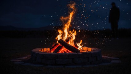 Rustic campfire with glowing sparks in the night