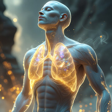 3D rendered illustration of a human body Ethereal Meditation Glow: Translucent Figure Breathing Light and Energy