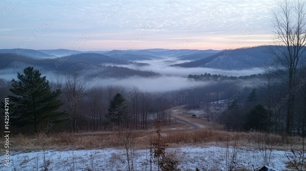Poster Misty mountains bathed in the soft glow of dawn light, with clouds hovering above, creating a calm and hopeful New Year's Day scene