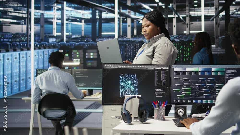 Poster portrait of joyous server hub technician using ai visualization insights to optimize system health. 