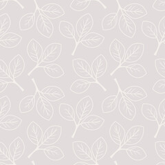 Elegant seamless pattern featuring delicate, minimalist grey leaves on a light grey background.  Perfect for textile design, wallpaper, packaging, or website backgrounds.