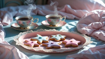 Elegant Christmas-themed morning with star-shaped cookies and a decorated teacup for a magical breakfast in bed.