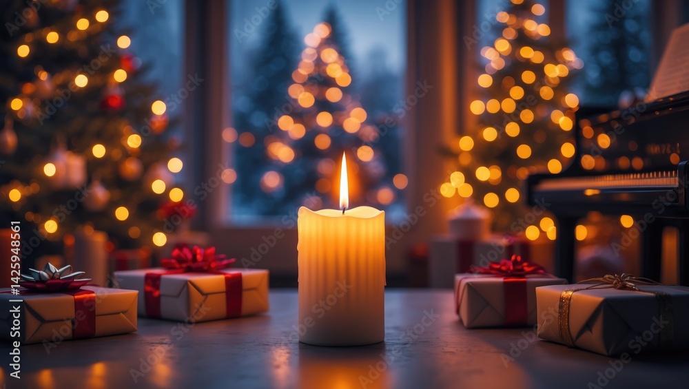 Poster warm winter evening card featuring glowing candles with soft focus and blank space for text, surroun